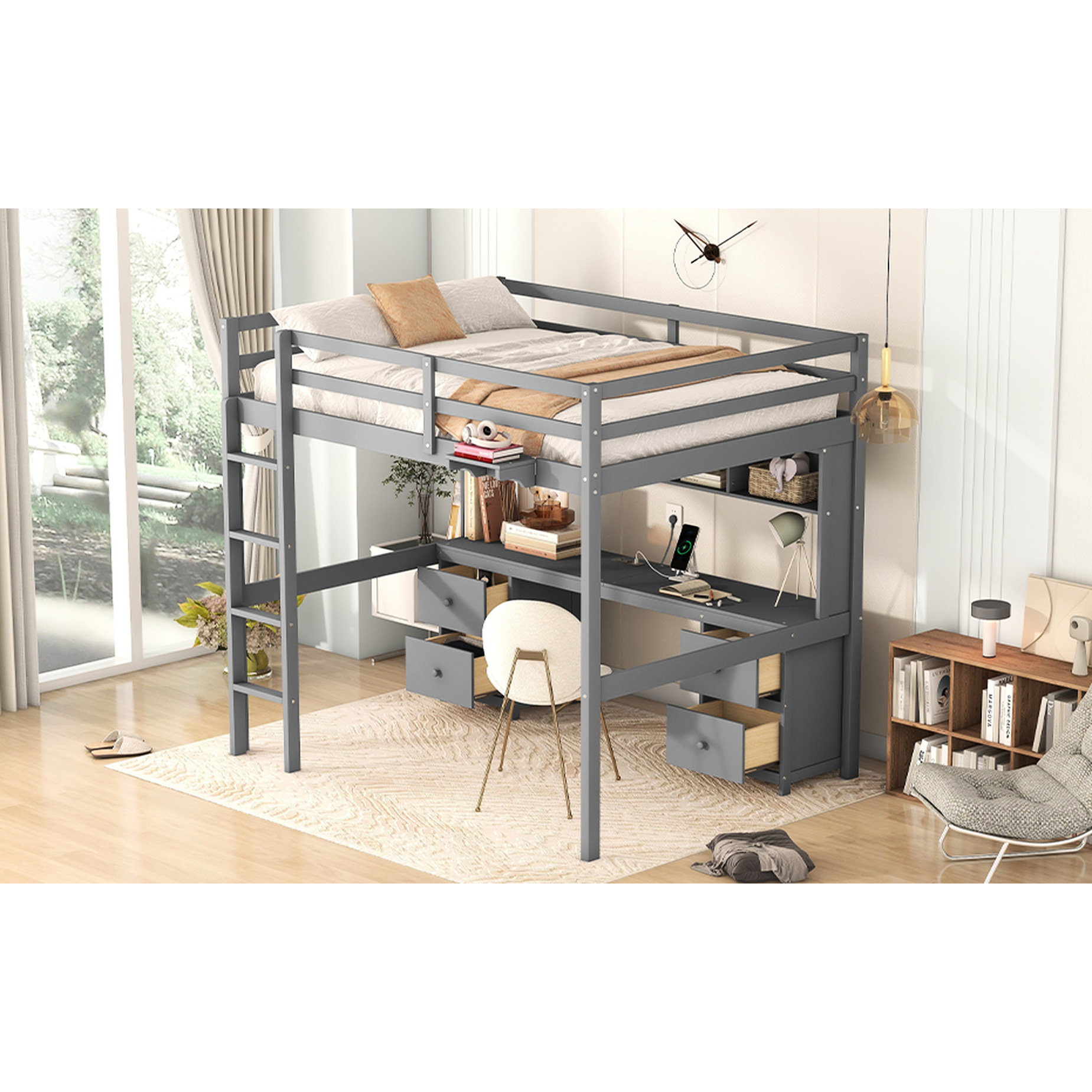 Harriet Bee Gray Size Loft Bed With Desk, Generous Storage Areas
