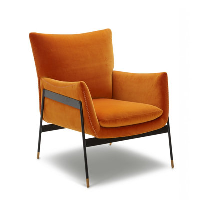 Orange Velvet Wingback Chair with Black Frame