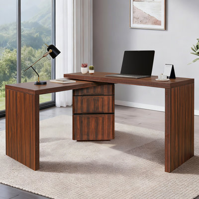 Bureau moderne en forme de L en noyer avec 3 tiroirs