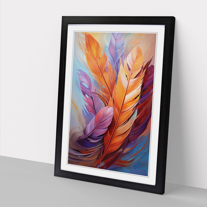 Feather Gestural - Single Picture Frame Print on Wood, 64cm H x 46cm W x 2cm D, Black