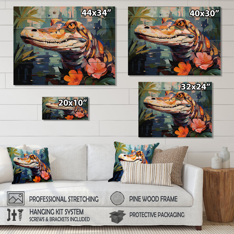 Popart alligator Blooms III - Crocodile sur bois, H 24 po x l 32 po