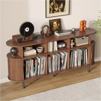 Large Round Record Player Stand with Charging Station, Vinyl Record Storage Cabinet with Sliding Door, Mid Century Modern Turntable Stand with Open Shelves for Bedroom Living Room