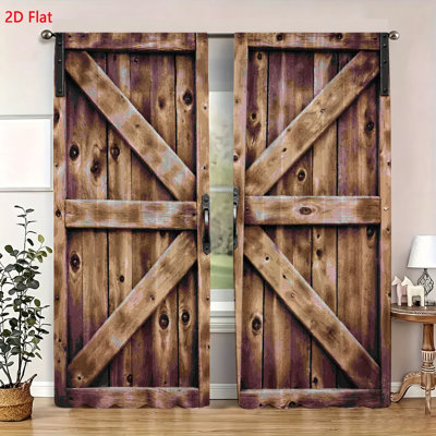 Rustic Farmhouse Style Window Curtains Set of 2 Panels Vintage Wood Grain Barn Door Print Window Drapes for Living Room Bedroom Decorative Fabric Window Coverings with Rod Pocket Design