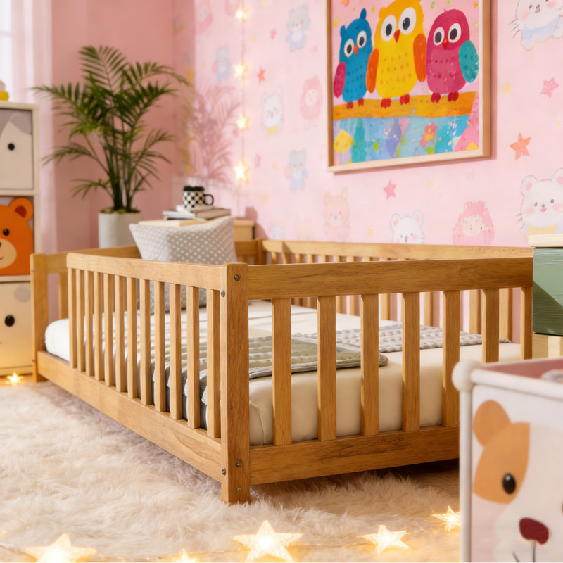 Twin Size Solid Wood Kids Floor Platform Bed for Toddler Bed Transition with Fence, No Door Included, Natural