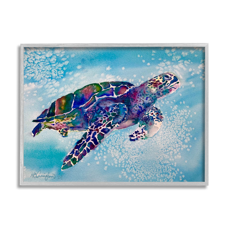 Belle tortue de mer nageant dans l'eau tachetée éclaboussant par MB Cunningham - Peinture, H 11 po x l 14 po x P 1,5 po