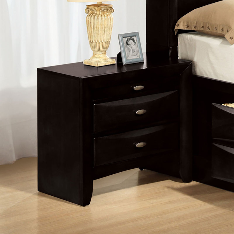 Table de chevet simple en bois massif avec poignées 2 tiroirs, Noir