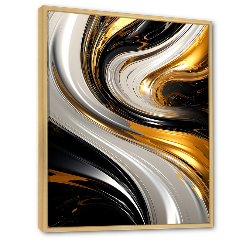 Dimension liquide sur fond or noir et blanc sur toile, H 44 po x l 34 po x P 1,5 po, Cadre naturel flottant