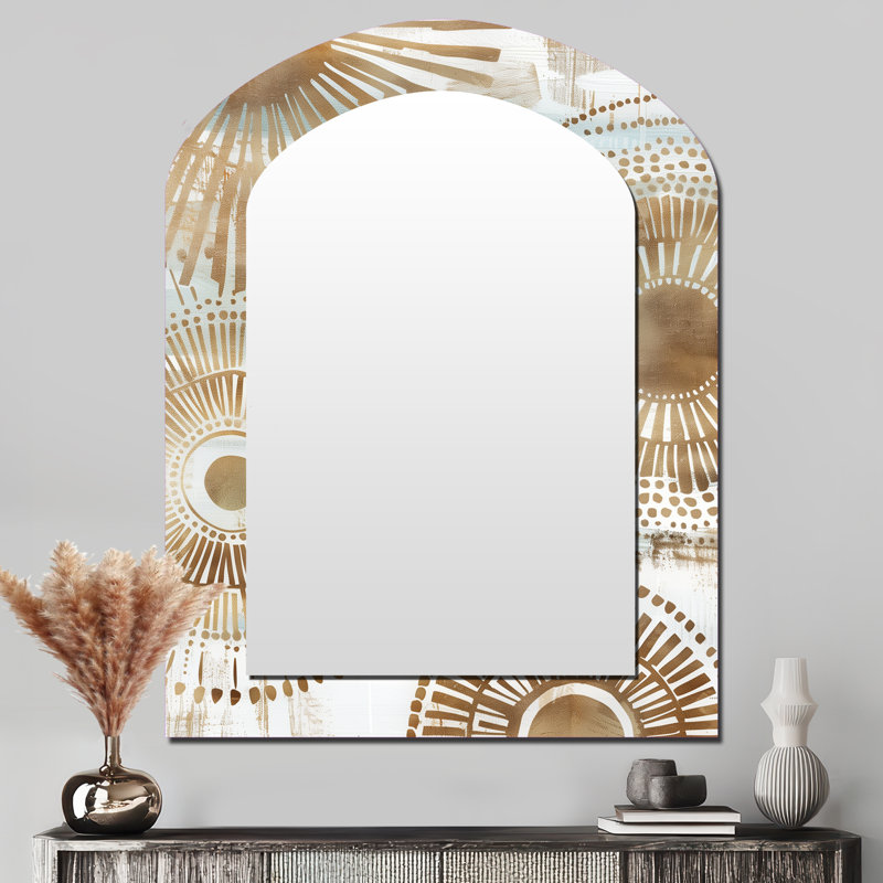 Rouillard Beige gold White and beige bohemian mandala simplicity boho III - Boho Mandala Asymmetrical Unique Mirror, Beige Arch Large Wall Mirror, Printed Metal Art