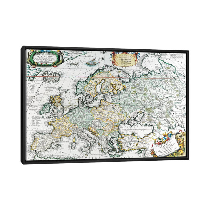Carte antique de l'Europe, impression sur toile, H 18 po x l 26 po x P 1,5 po, Toile encadrée noire, Pas de tapis