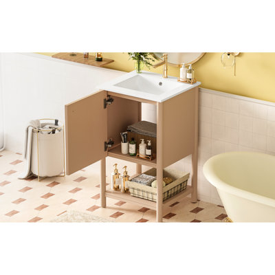 Meuble-lavabo autoportant de style français de 20 pouces avec lavabo en céramique, meuble-lavabo simple, porte à fermeture en douceur, détails exquis, charnières en acier inoxydable, poignée ronde en métal, rangement spacieux, lavabo, 1,37 po