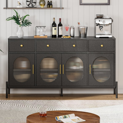 Modern Farmhouse Sideboard Buffet Cabinet – 62" – 4 Acrylic Doors, 3 Drawers, Adjustable Shelves, Large Kitchen Pantry Storage for Dining Room, Living