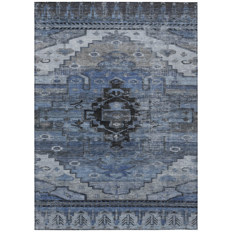 Machine Washable Indoor/Outdoor Xhevrie Blue Rug, Rectangle 8' x 10'