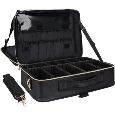 Trousse à maquillage Grande trousse à maquillage Trousse de train professionnelle 16,5 pouces Organisateur de voyage pour cosmétiques Porte-pinceau Boîte de rangement imperméable pour artiste maquilleur, grande capacité (cuir noir, grand)
