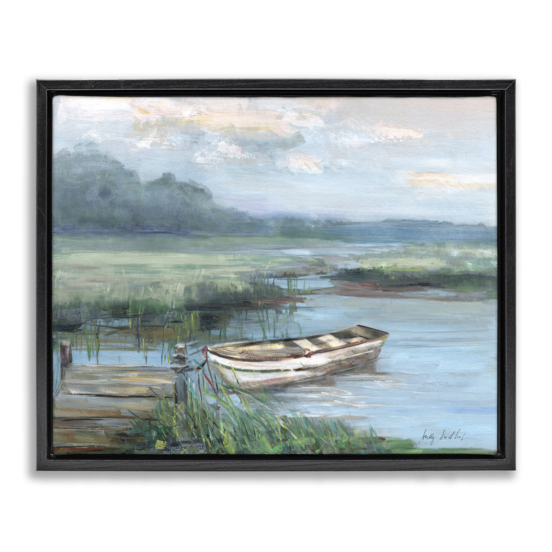 Barque amarrée au bord du lac, Cadre flottant noir de jais, H 17 po x l 21 po