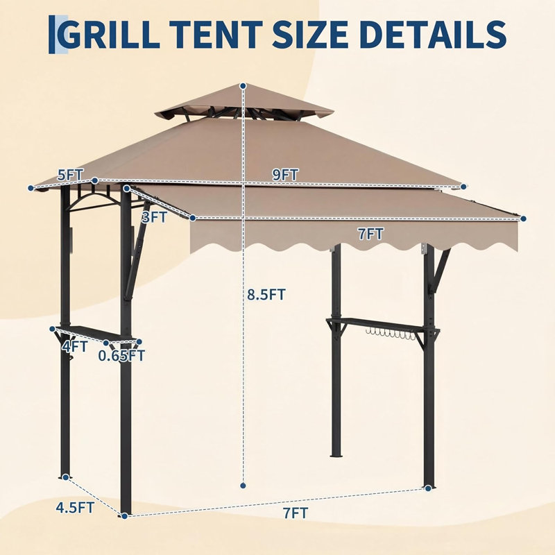 8x5 ft Grill Gazebo with Extra Large 7x3 ft Awning, 2-Tier BBQ Gazebo with Shelves, Hooks & LED Lights, Metal Frame Outdoor Grill Canopy for Backyard Garden Poolside