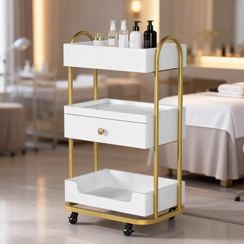 Chariot de salon blanc avec 3 plateaux et 1 tiroir, Blanc