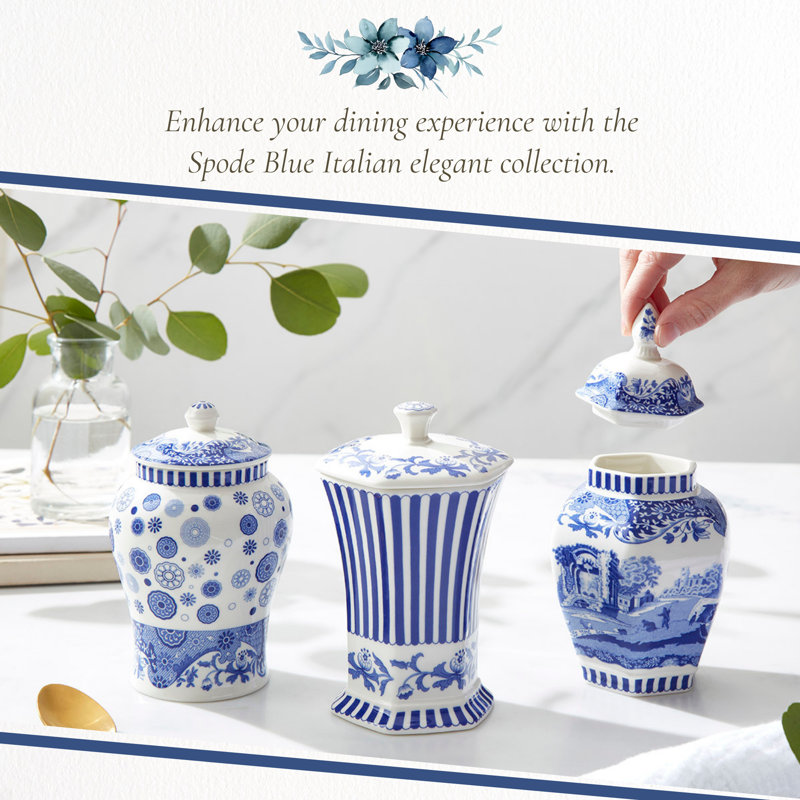 Spode Blue Italian Vase - Hexagonal & Lidded Design (Blue/White)