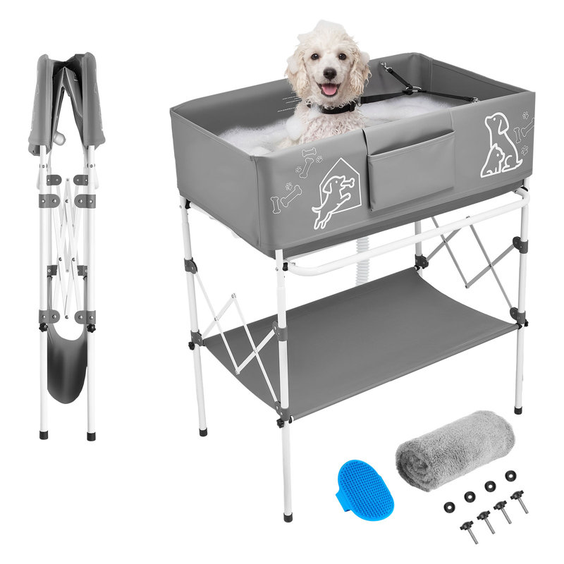 Baignoire pour chien, baignoire surélevée pour chien, station de lavage pliable pour toilettage pour animaux, pliable et portable, peu encombrant, avec tuyau de drainage intégré pour petits et moyens chats d'intérieur et d'extérieur, gris