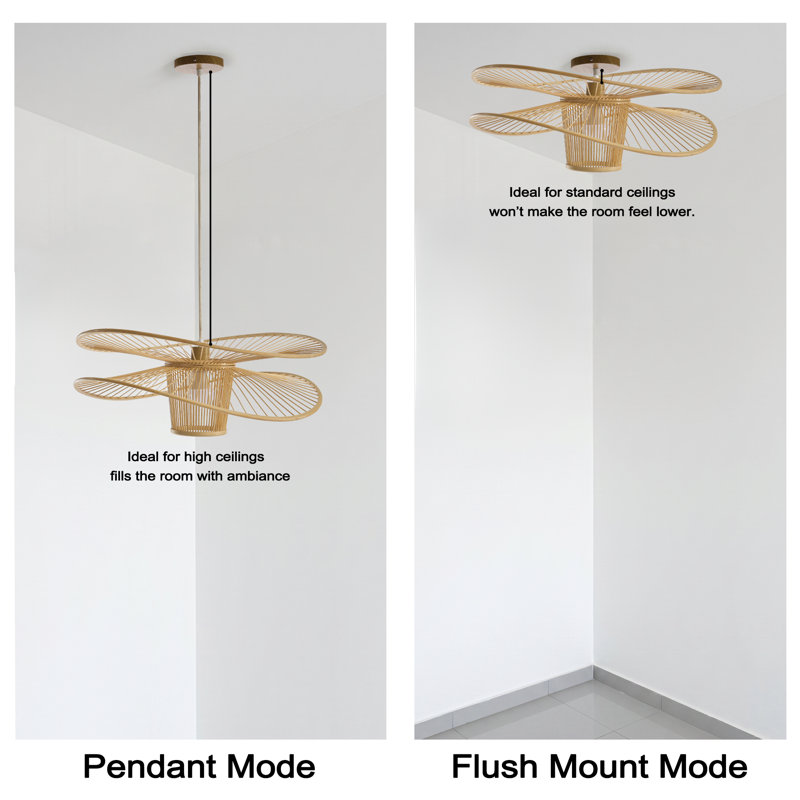 Ensemble de 2 luminaires suspendus en bambou tissés à la main et en forme d'aile, Naturel, Naturel