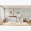 Lit superposé double au-dessus d'une chambre double avec escalier de rangement, fenêtre, bibliothèque latérale et espace inférieur convertible pour dormir ou jouer, structure en bois massif, beige et naturel profond-133491150