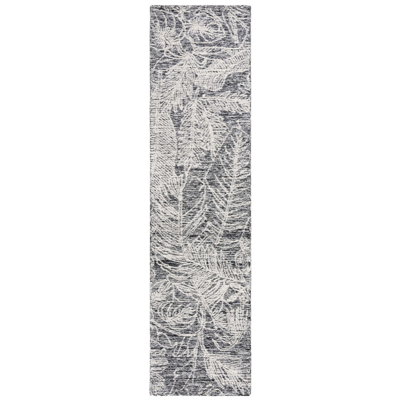 Tapis floral noir / ivoire en laine / coton touffeté à la main Yeal, Tapis de couloir 2 pi 3 po x 9 pi