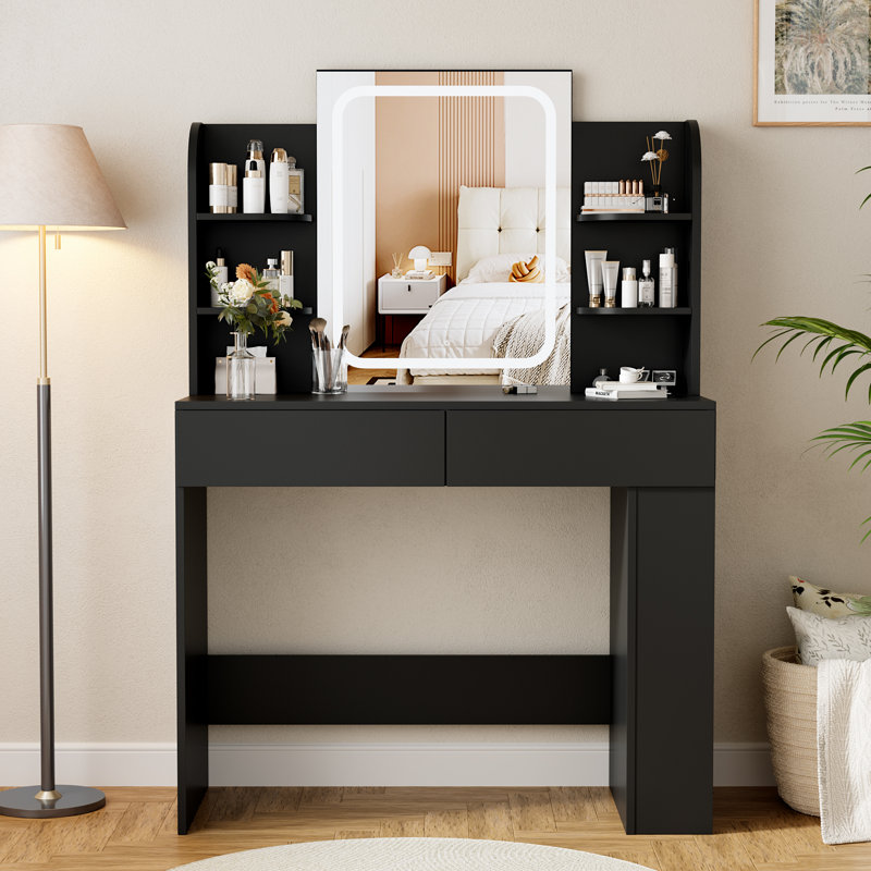 Bureau de coiffeuse avec miroir et lumières DEL, coiffeuse de maquillage avec 3 couleurs d'éclairage, luminosité réglable, coiffeuse avec 2 tiroirs, rangement latéral, pour la chambre à coucher