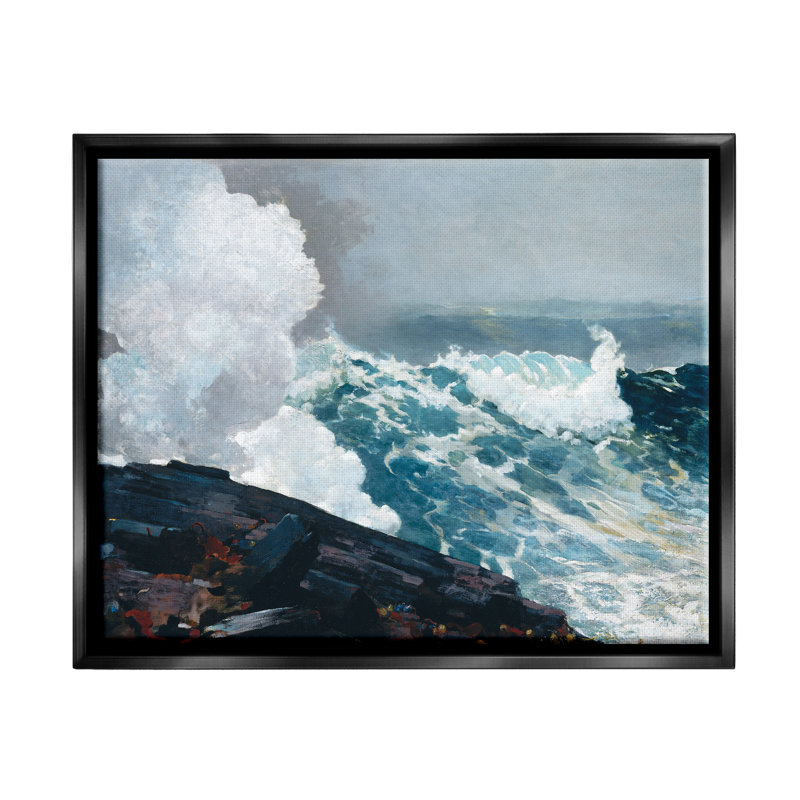 Vagues de l'océan et falaises, H 17 po x l 21 po x P 1,7 po, Cadre flottant noir de jais