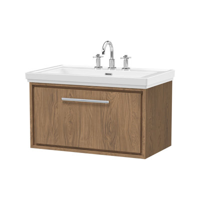 Hudson Reed Lille 600mm Antique Oak 1 Drawer  Wall Hung Vanity Unit With 3 Tap Holes Fireclay Basin
