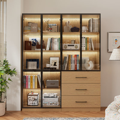 Vitrine de 63 po de largeur avec portes en verre, bibliothèque à 6 portes avec tiroirs, cadre en métal et tablettes ouvertes