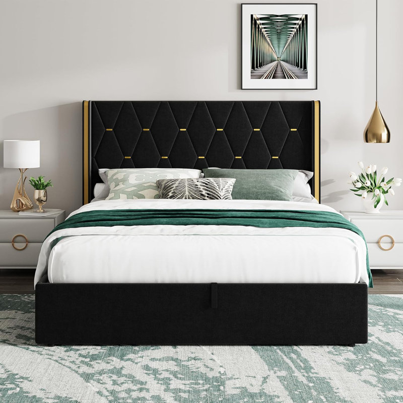 Full/Queen Size Lift-Up Storage Bed Frame, Upholstered with Diamond Tufted Wingback Headboard & Gold Trim, No Box Spring Needed