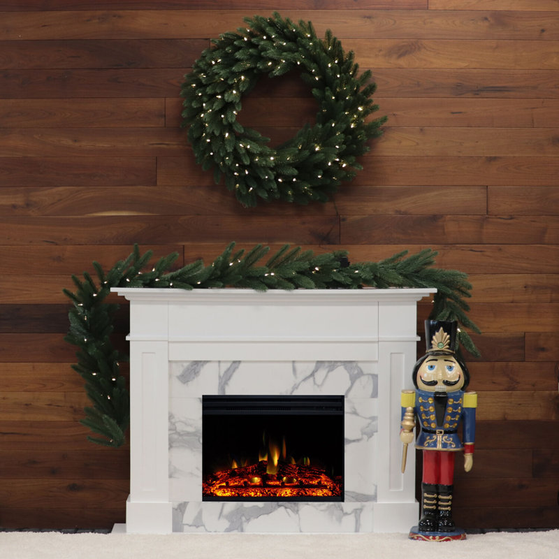  53-In. Electric Fireplace Mantel with Marble in White and Deep Log Insert with 5 Multicolor Flames