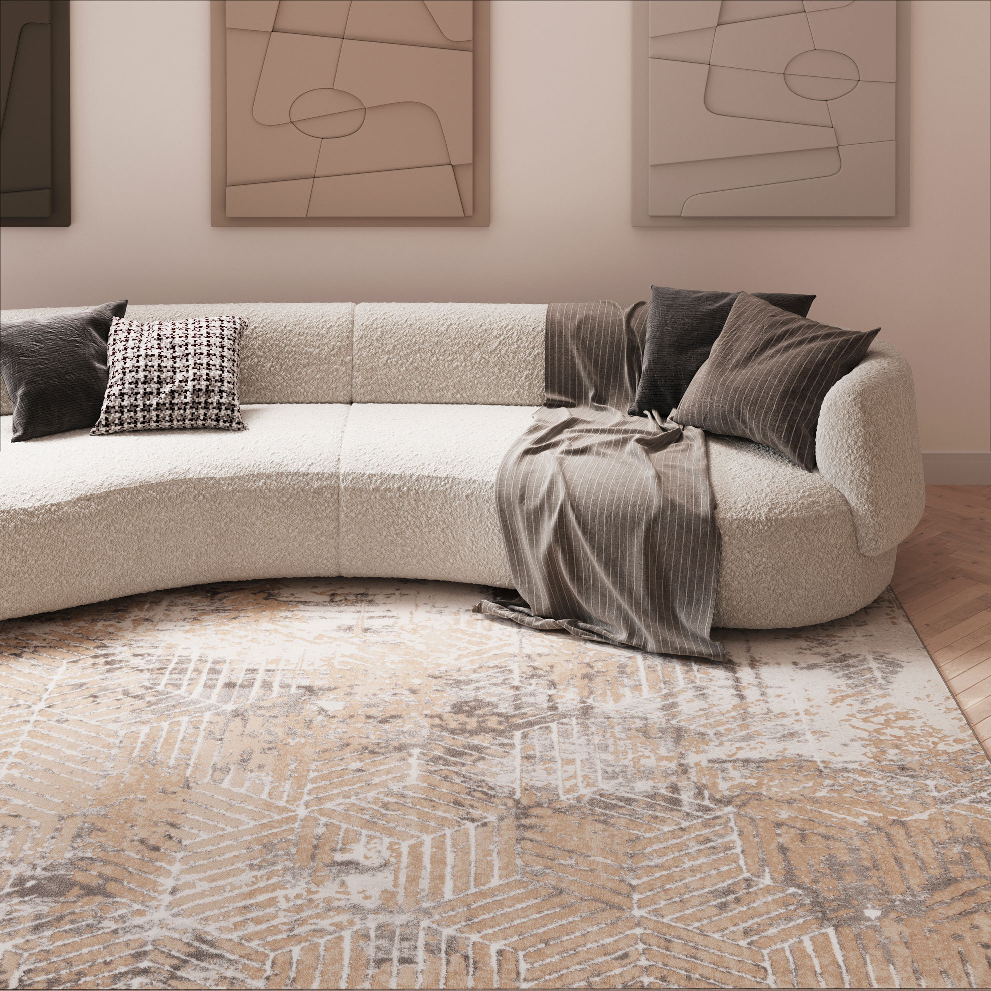 Kukoon Hatton Geometric Machine WovenDistressed Machine Woven Beige