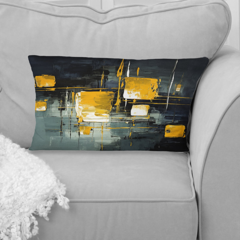 Interlude jaune - expressionnisme abstrait bleu sarcelle I - Coussin décoratif avec peinture abstraite