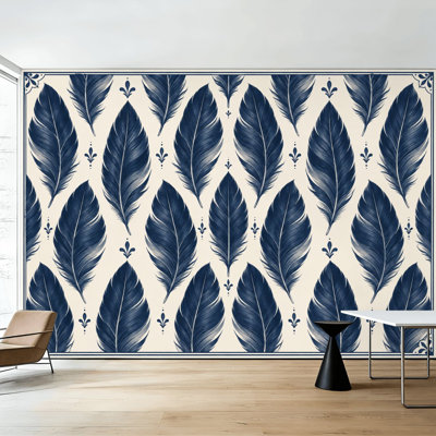 Papier peint pelez et collez, décorations murales botaniques rétro, crème, plumes, bleu marine, H 100 po x l 144 po, papier mural amovible en PVC, adhésif pour chambre à coucher, bureau à domicile