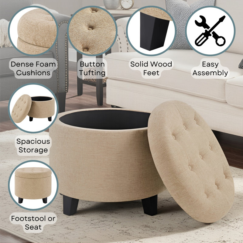 Avers Upholstered Ottoman, Tan Fabric