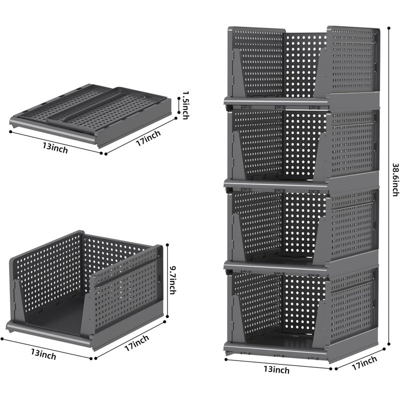 4-pack Grey Stackable Plastic Storage Baskets