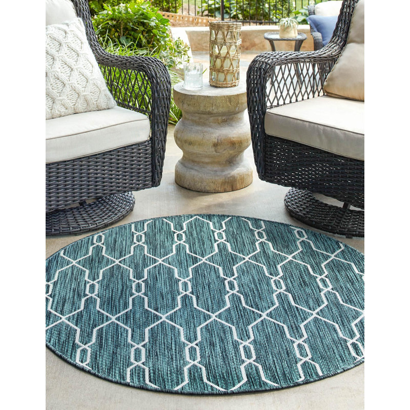Tapis intérieur / extérieur bleu sarcelle Joniell, Rond 4 pi 1 po