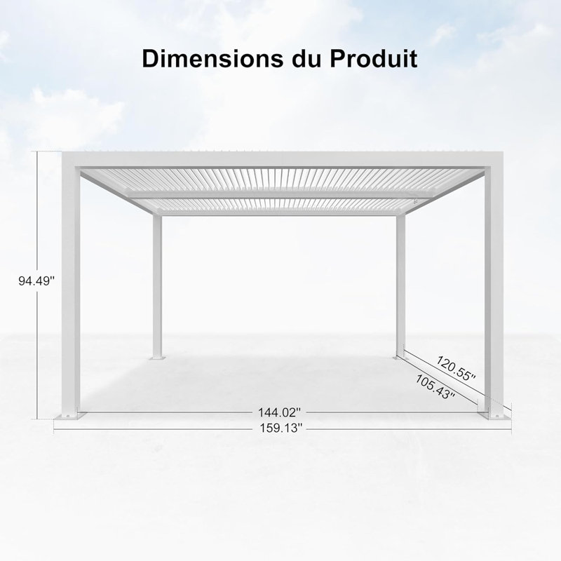 Pergola à persiennes d'extérieur en aluminium blanc pergla moderne 10 pi x 13 pi avec guirlandes de lumières
