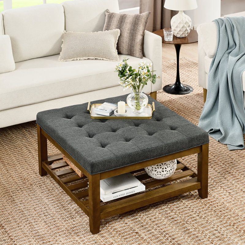 Lin avec base en bois de hêtre et tablette au design élégant gris foncé, grand repose-pieds carré pour le salon, Gris foncé