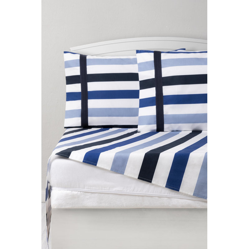 Awning Stripe 4 Piece 100% Cotton Guest Room Sheet Set Case Pack, Queen, Blue