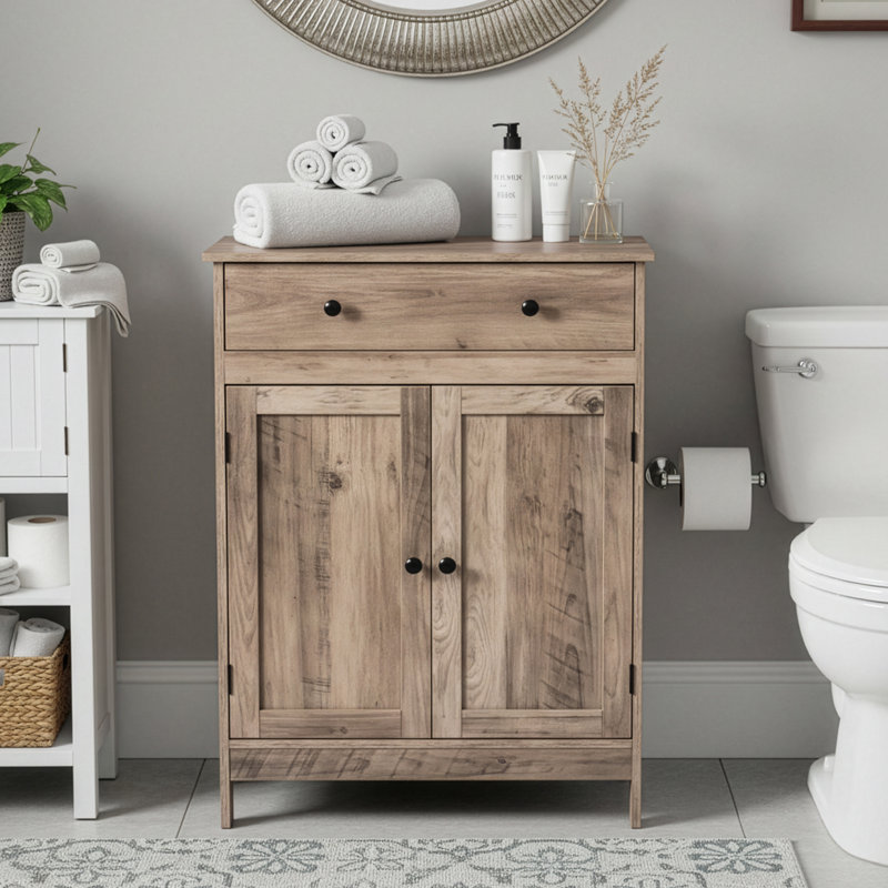 Washed Gray  Bathroom Storage Cabinet With 2 Doors And 1 Drawer, Washed Gray