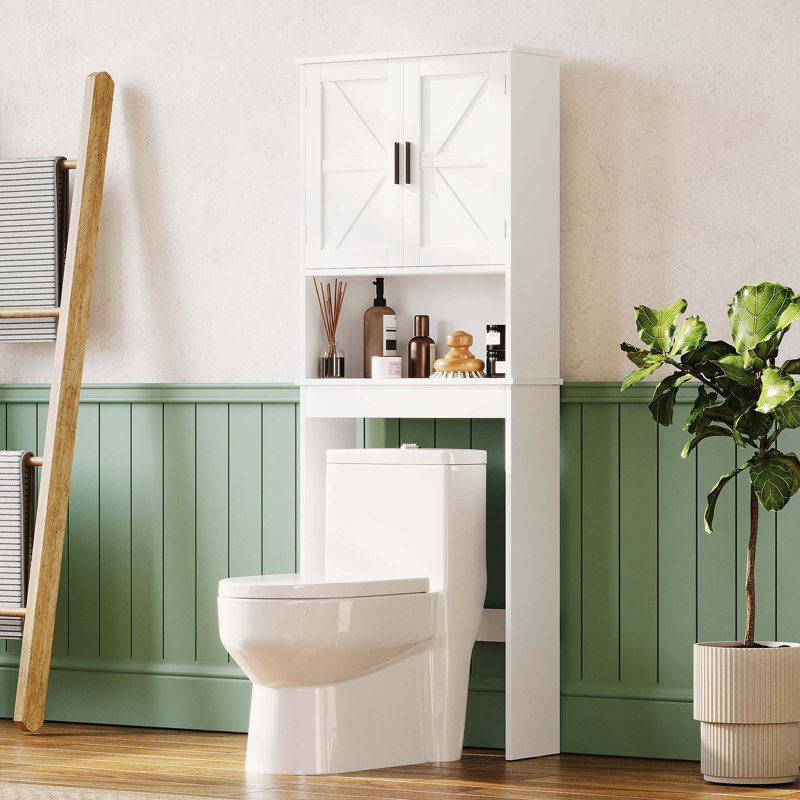 White Freestanding Over Toilet Space Saving Organizer Rack, Double Door Open Shelf Storage Unit