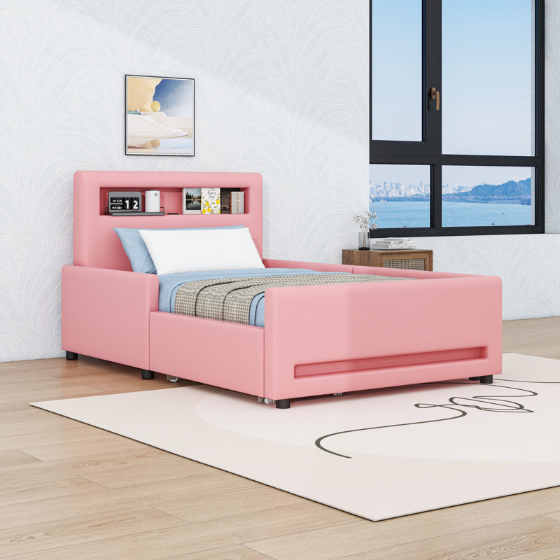 Lit plateforme tapissier avec bande lumineuse, port USB et tiroir, Lit simple, Rose