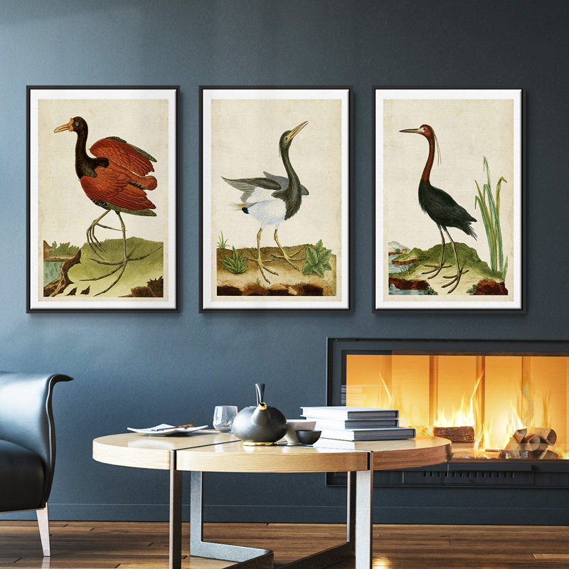 Heron Portrait IV, ensemble de 3 toiles encadrées, Cadre noir, H 40 po x l 78 po