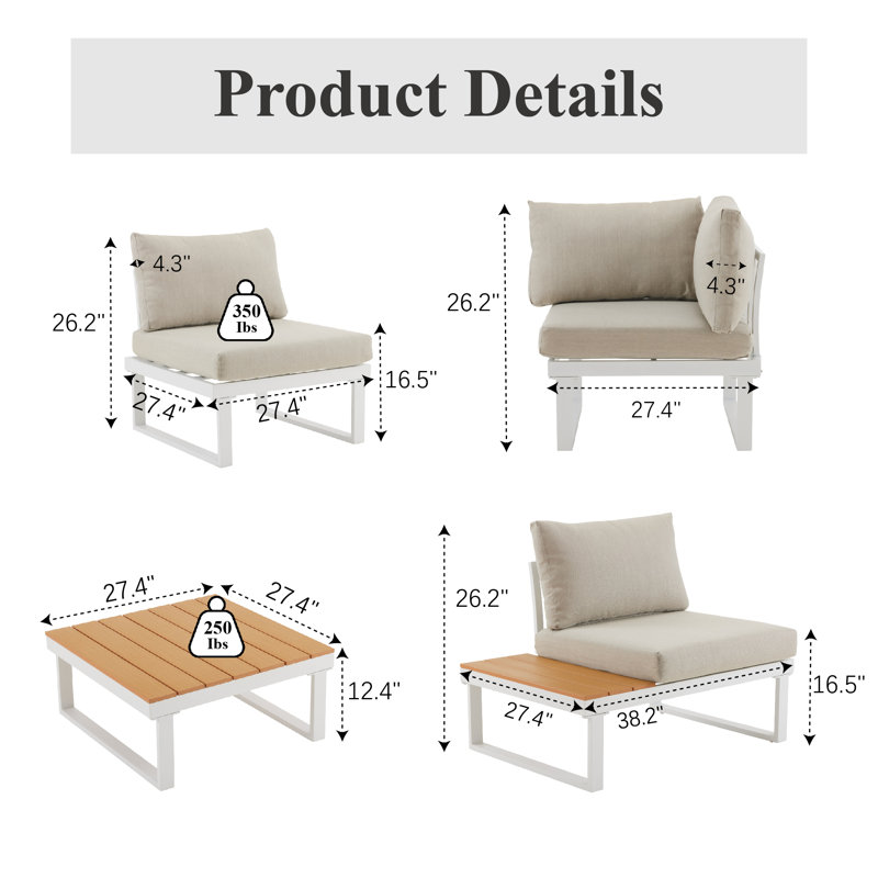 Ireona 5 - Person Modular Patio Conversation Set with Cushions, White/Brown Natural Wood, Warm Gray