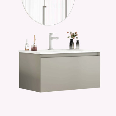 32-Inch Wall-Mounted Bathroom Vanity with Soft-Close Drawer, Ceramic Sink, and No-Handle Design for Modern Bathrooms