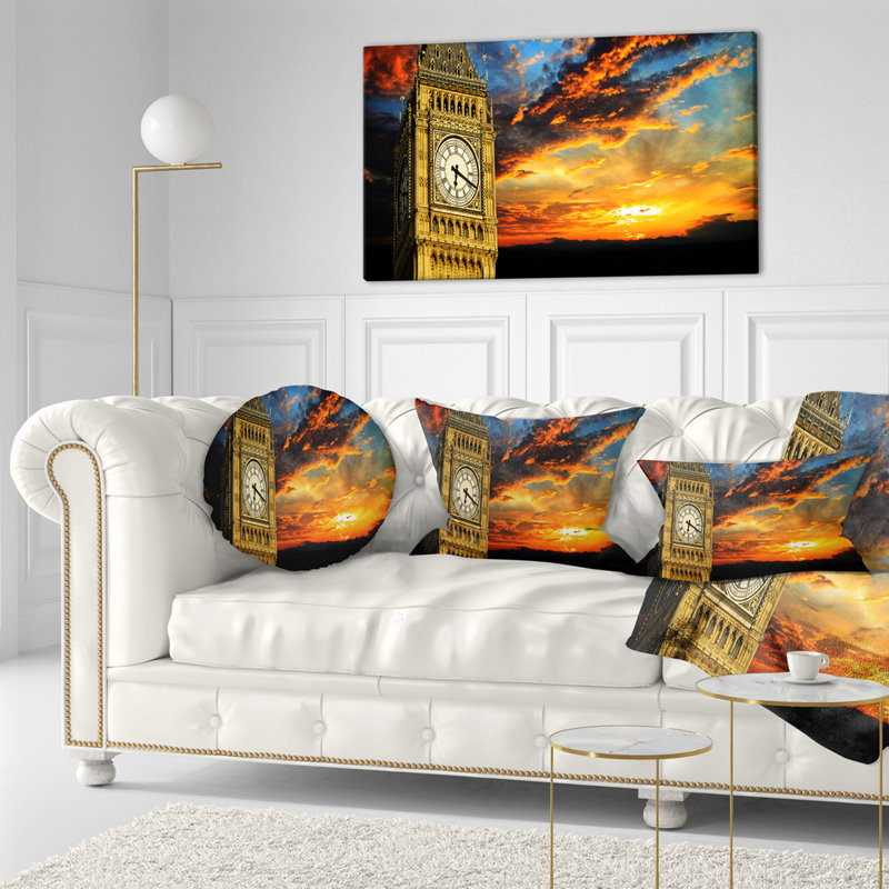 Paysage, paysage de Big Ben, Londres, au coucher du soleil, coussin panoramique, 18 po x 18 po, Carré
