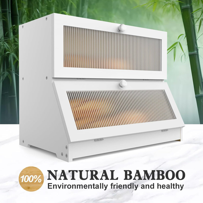 White Double Layer Bamboo Bread Box with Frosted Glass