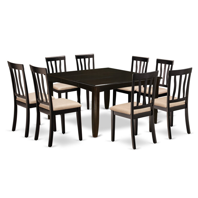 Ensemble de table de salle à manger 9 pièces moderne comprenant une table carrée en bois avec feuille papillon et 8 chaises de salle à manger en tissu de lin, 54 x 54 pouces, cappuccino