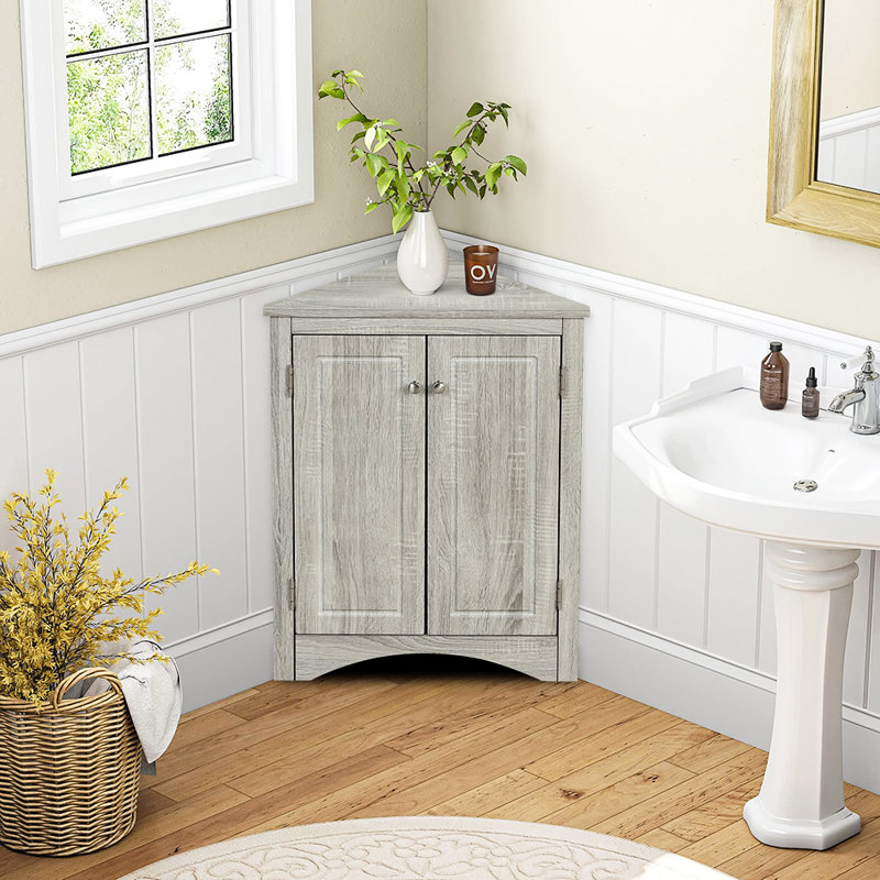 31.5"H Triangle Bathroom Storage Cabinet with Adjustable Shelves, Oak